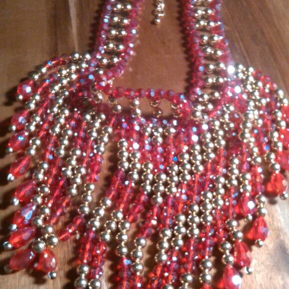 Red Glass and Beaded Waterfall Goldtone Necklace - Picture 8 of 16